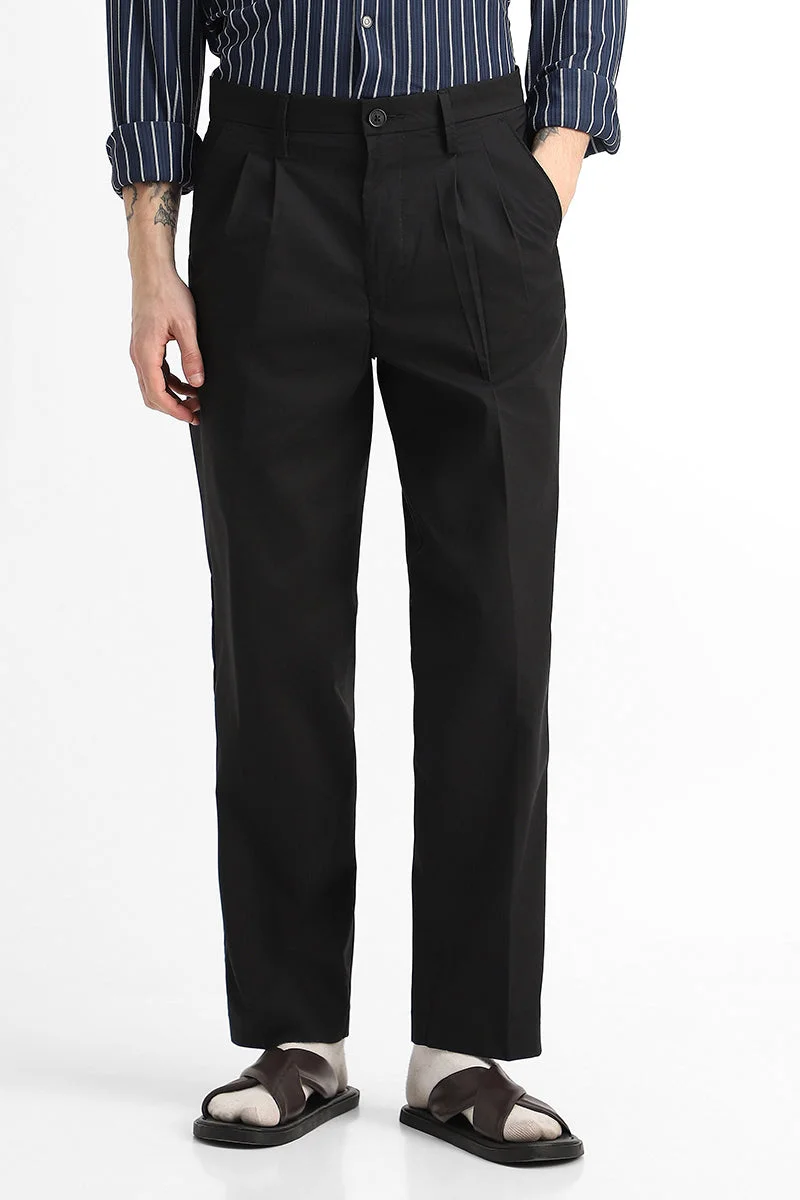 SNITCH Black Stretch Relaxed Fit Trousers for Men | Best Price UAE